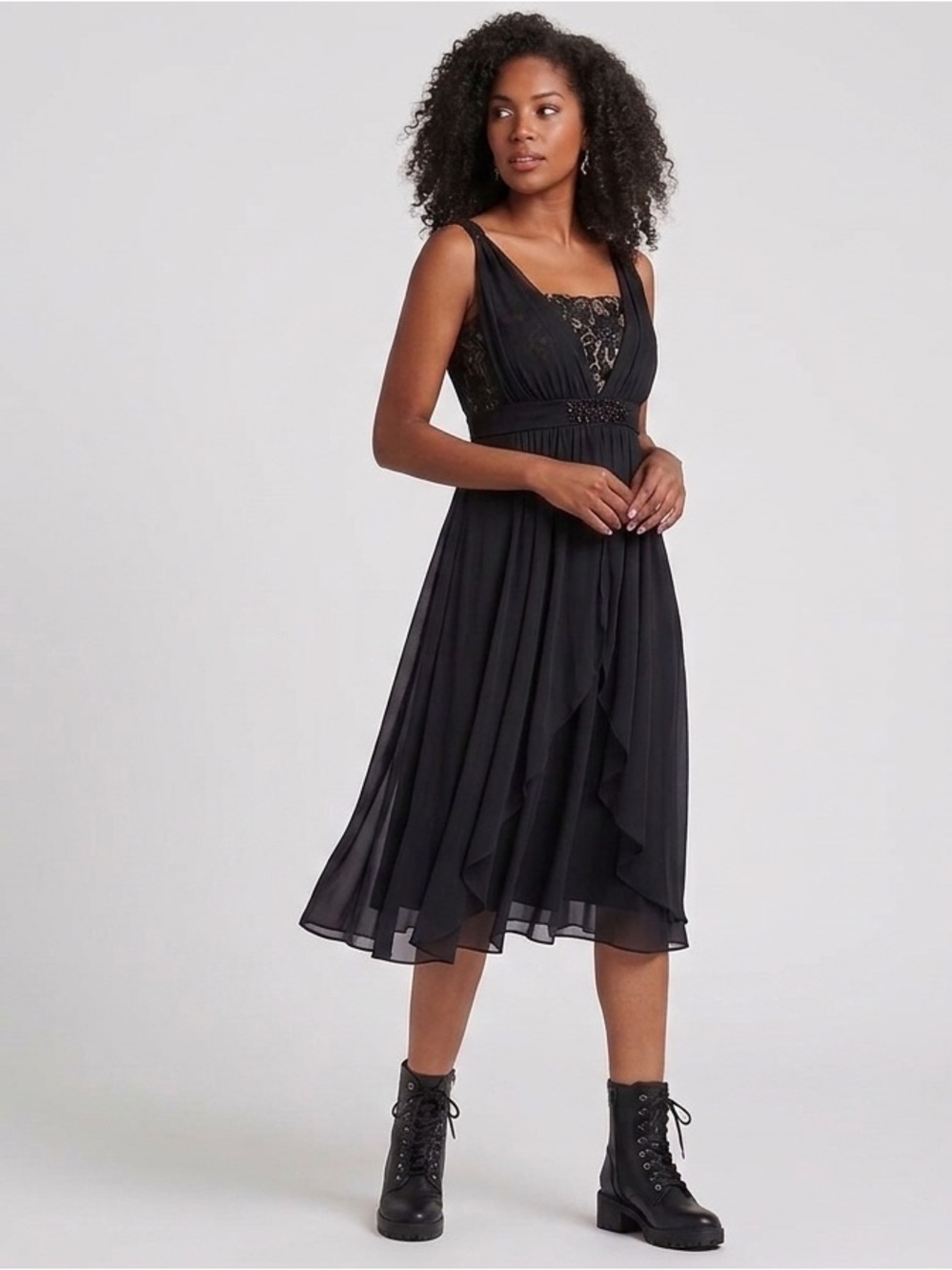 Laura Black Chiffon Lace Dress Jeweled Goth magical elegant 8 regency core